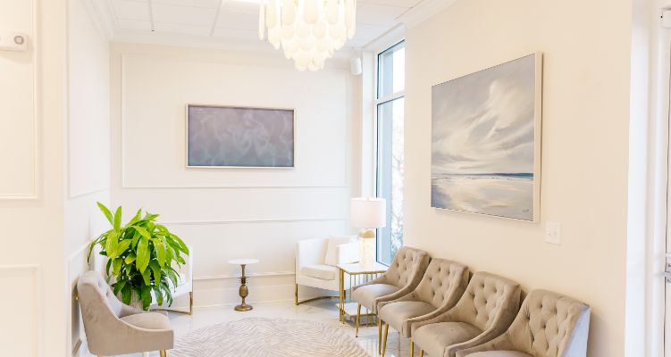 Pristine white reception area of dental office in Wilmington