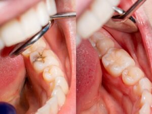 Before and after picture of teeth without and with fillings.